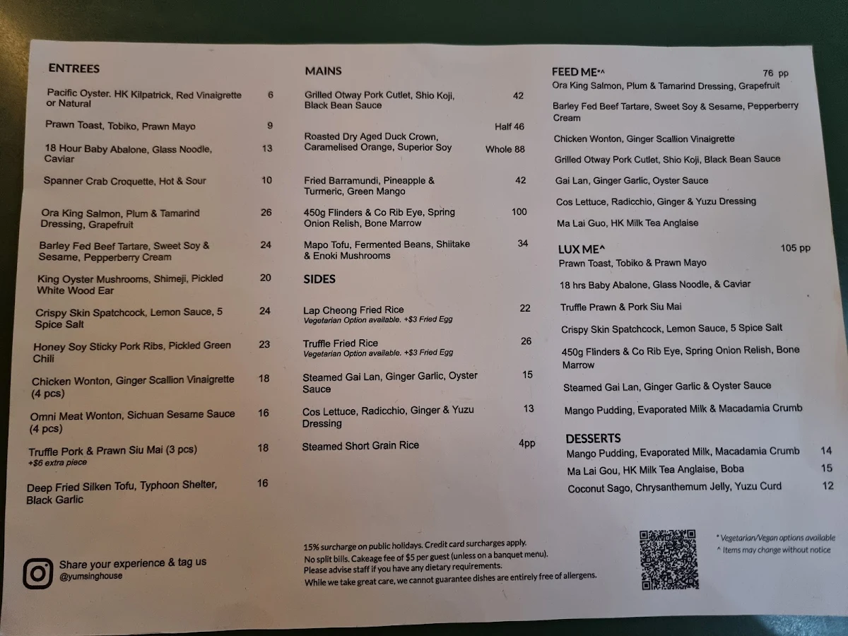 Menu, Yum Sing House Restaurant