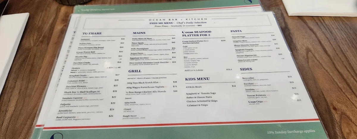 Menu, Ocean Bar and Kitchen