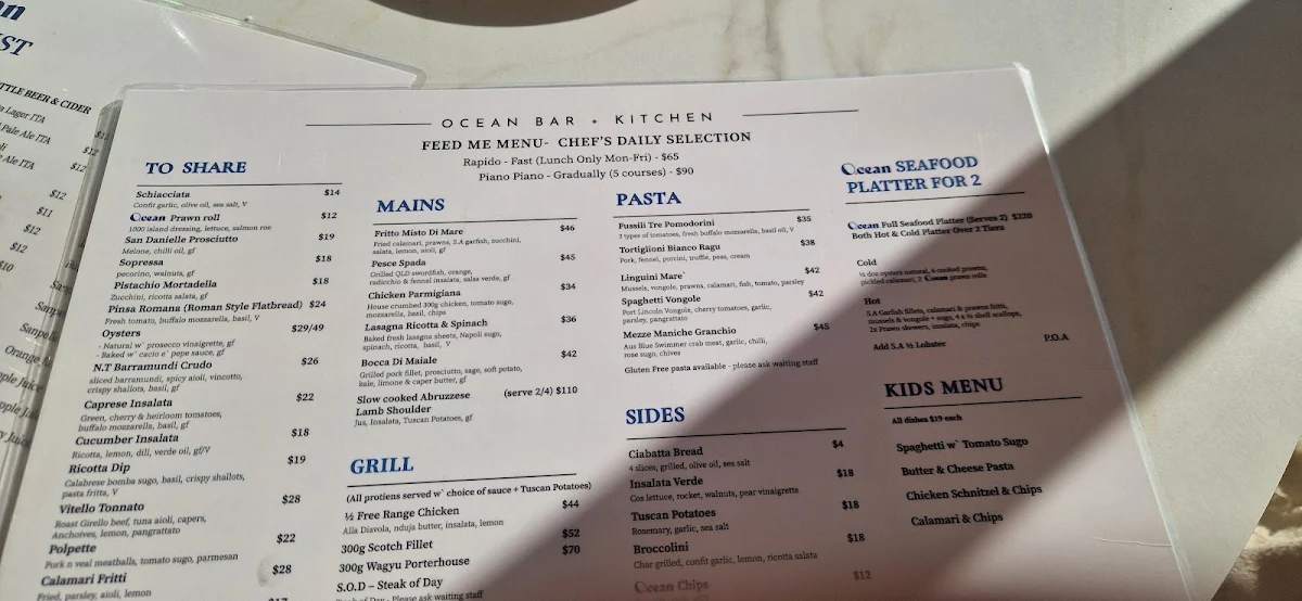 Menu, Ocean Bar and Kitchen