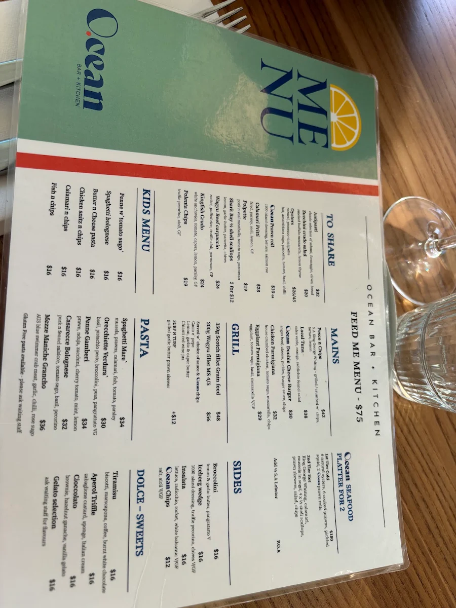 Menu, Ocean Bar and Kitchen