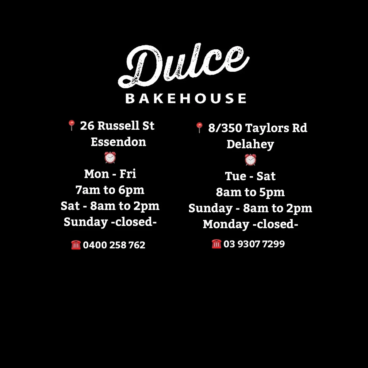 Menu, Dulce Bakehouse