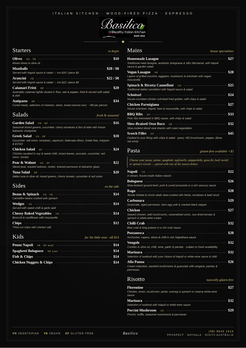 Menu, Basilico Whyalla