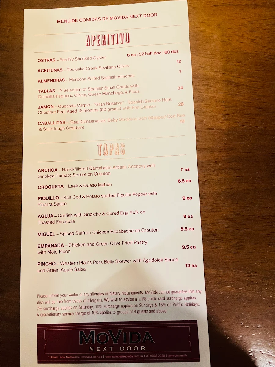 Menu, MoVida Next Door