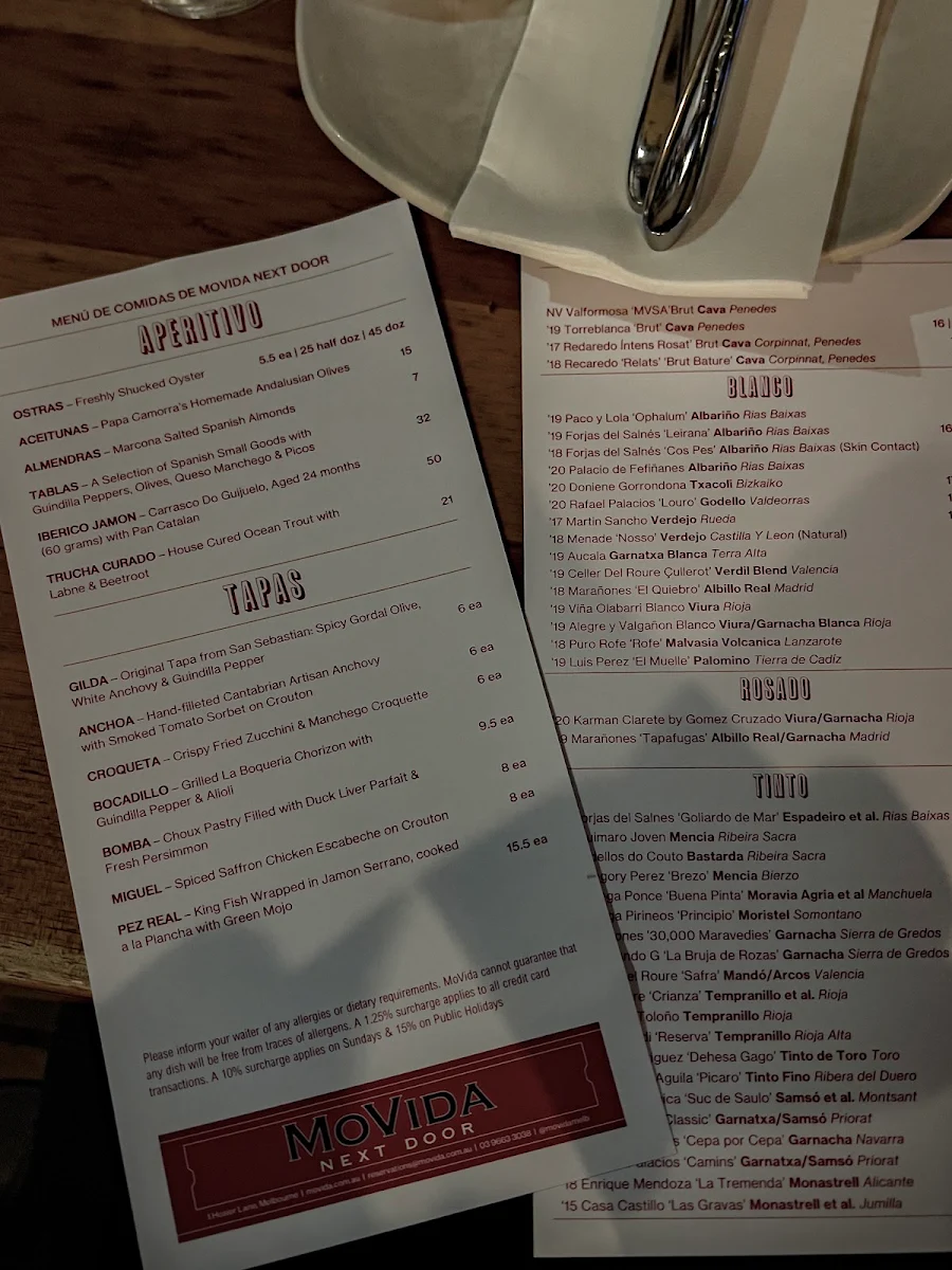 Menu, MoVida Next Door