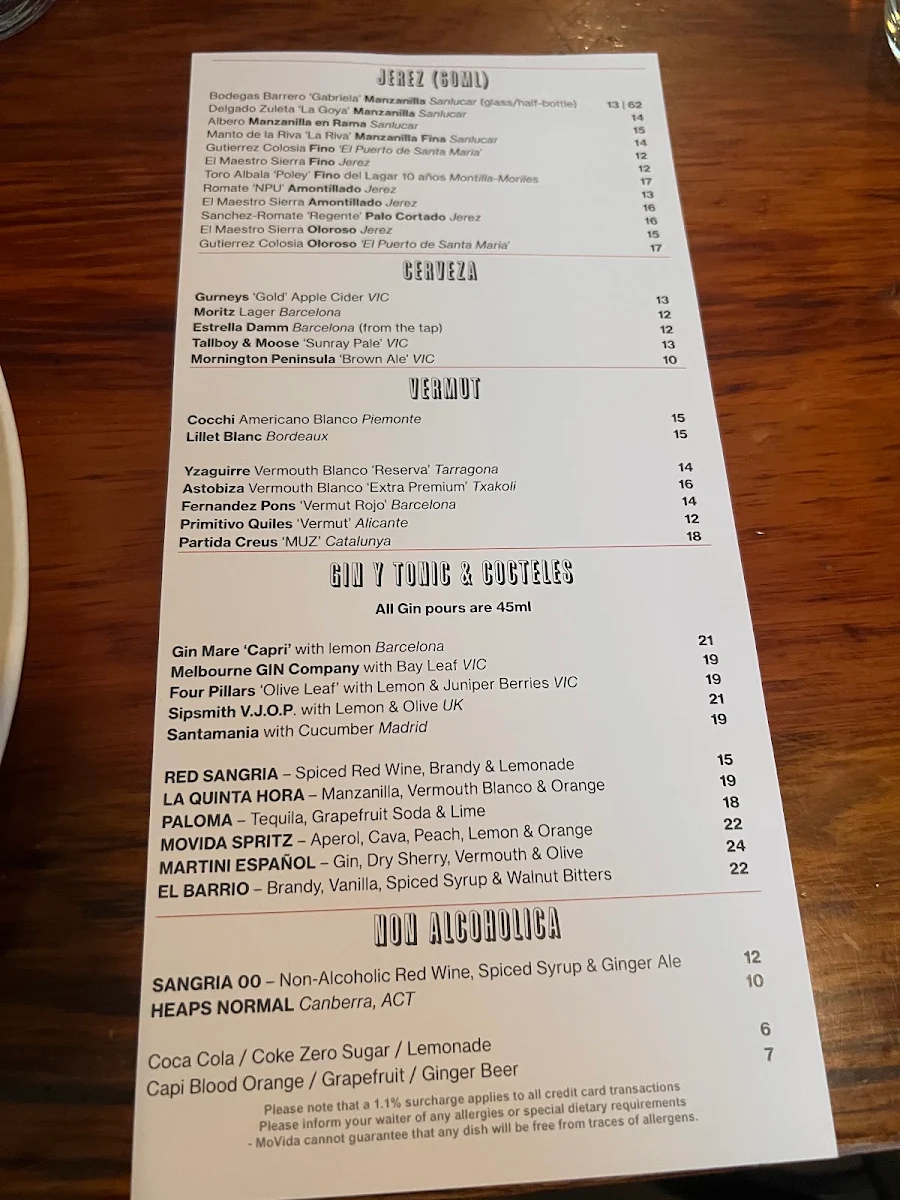 Menu, MoVida Next Door