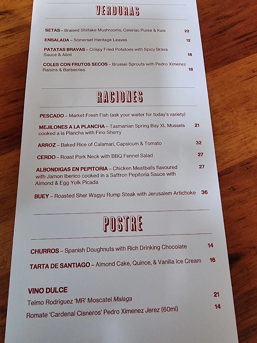 Menu, MoVida Next Door