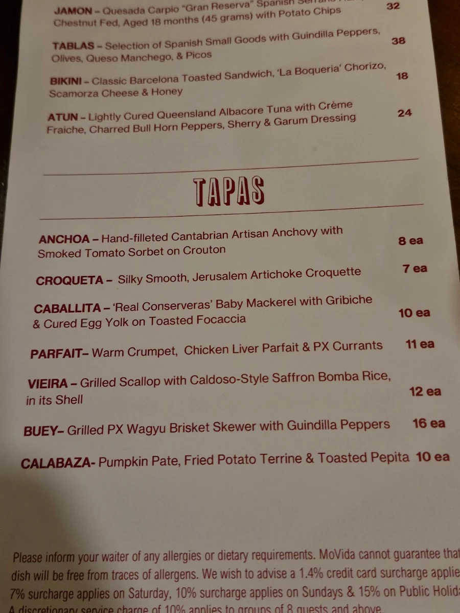 Menu, MoVida Next Door
