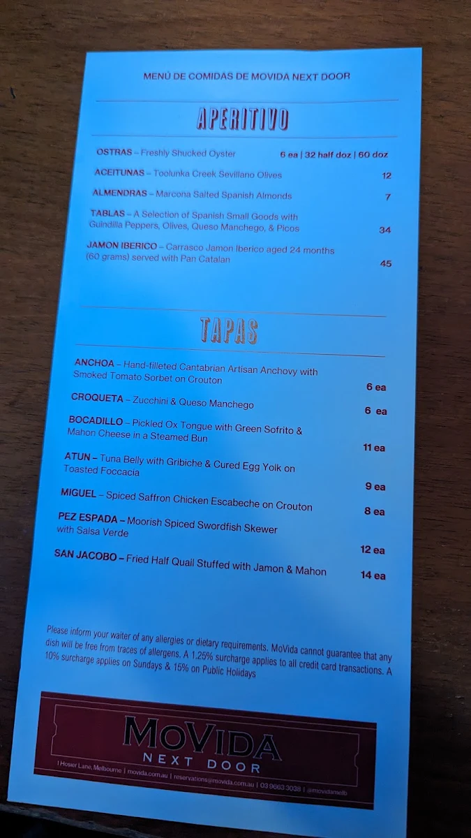 Menu, MoVida Next Door