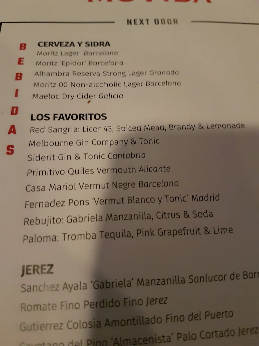 Menu, MoVida Next Door
