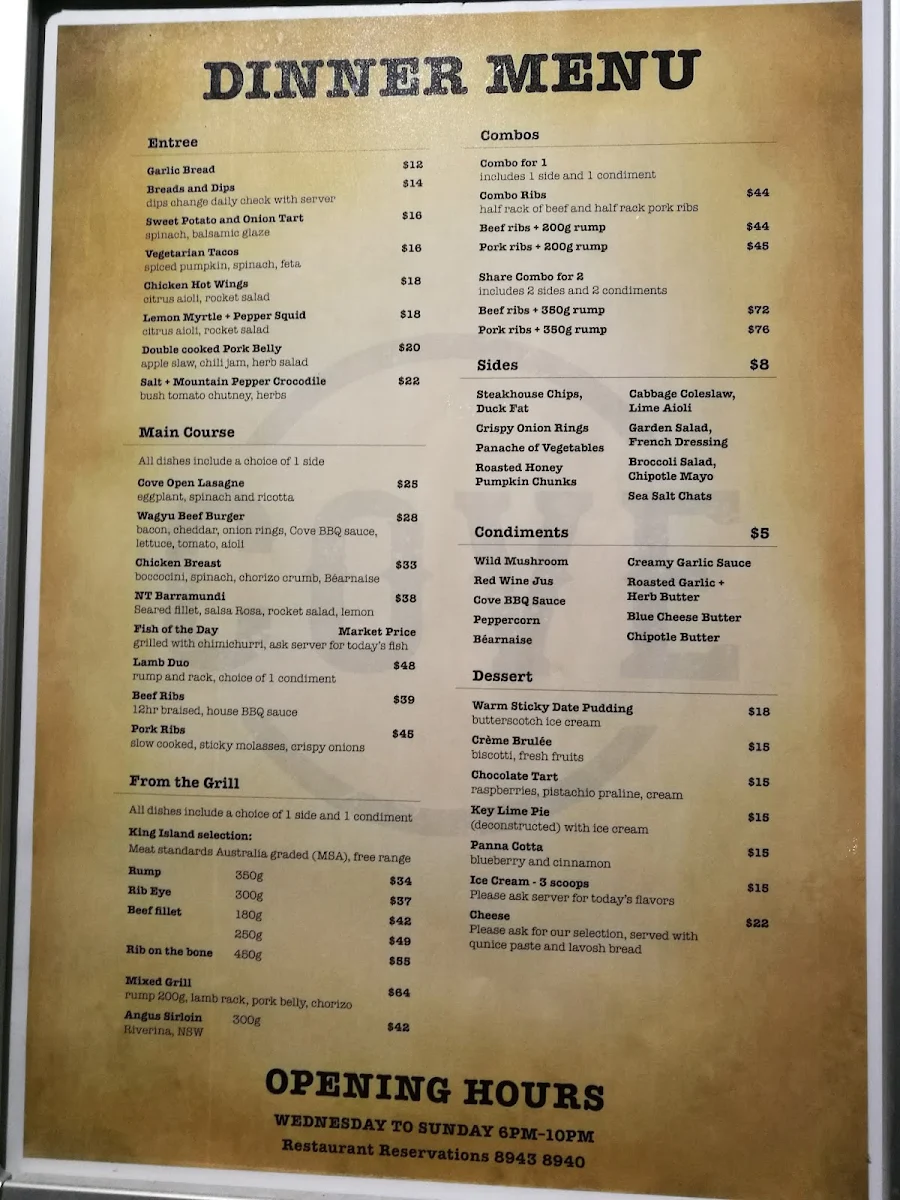 Menu, Cove
