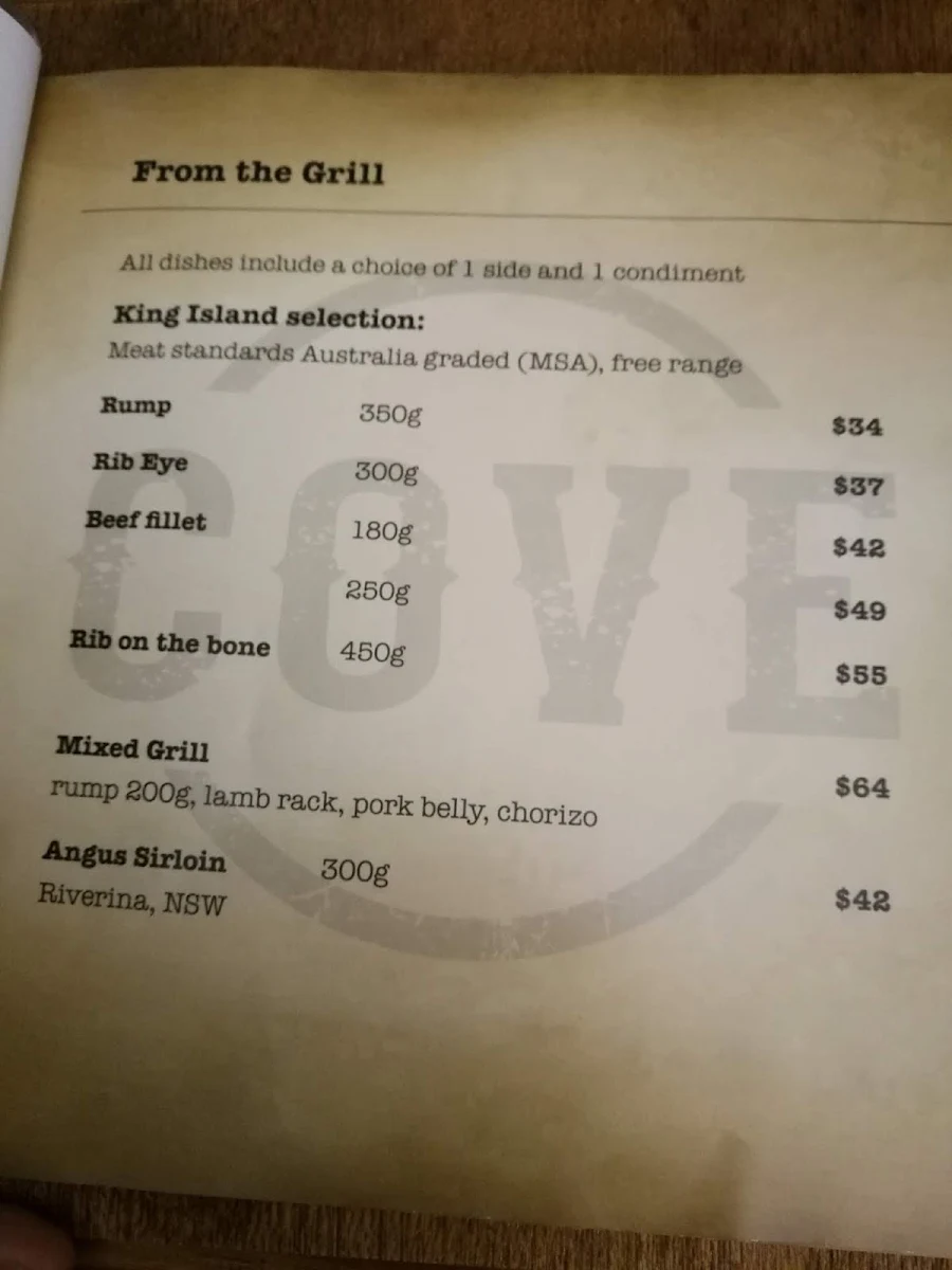 Menu, Cove