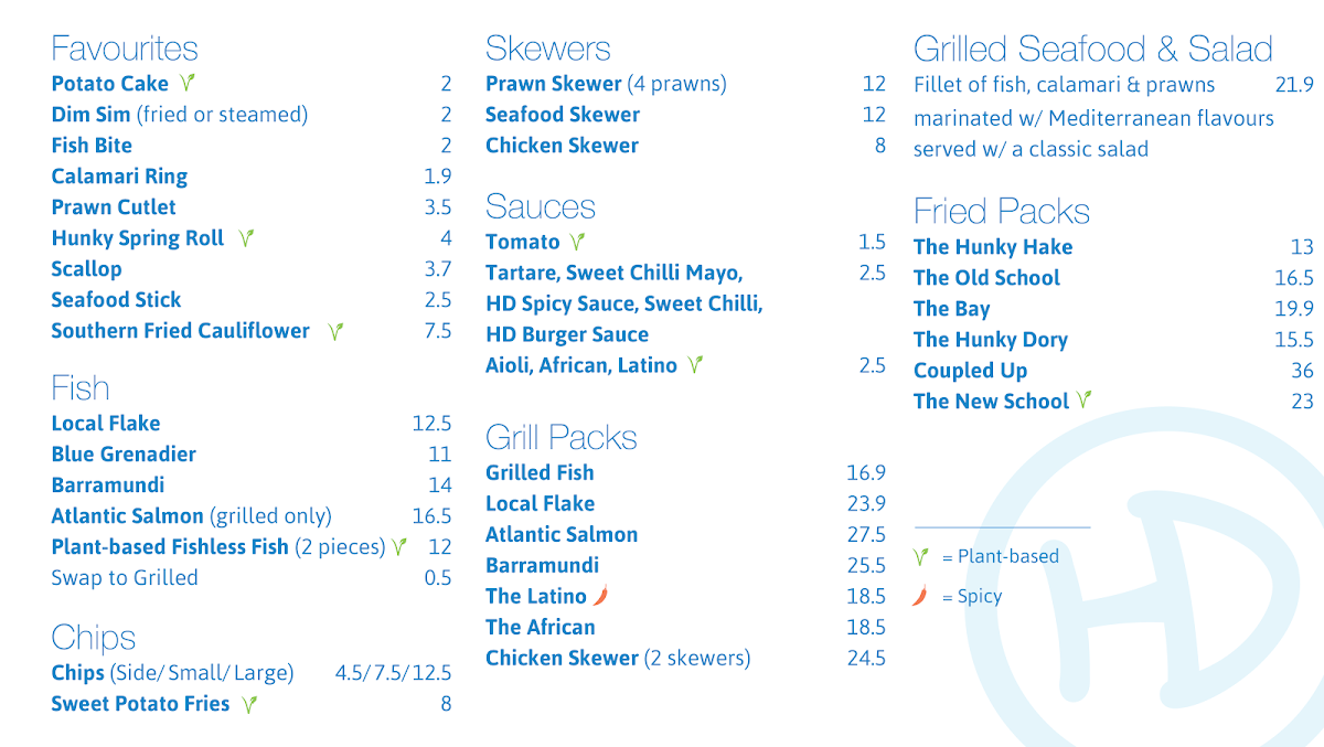 Menu, Hunky Dory Werribee