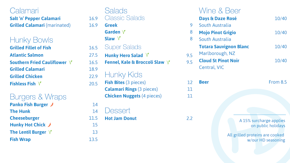 Menu, Hunky Dory Werribee
