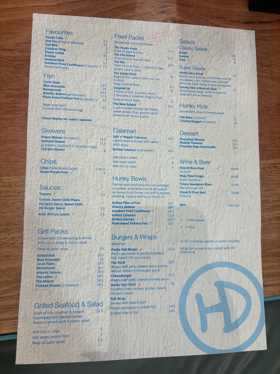 Menu, Hunky Dory Werribee