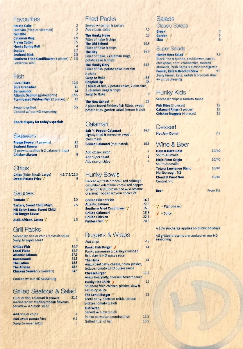 Menu, Hunky Dory Werribee