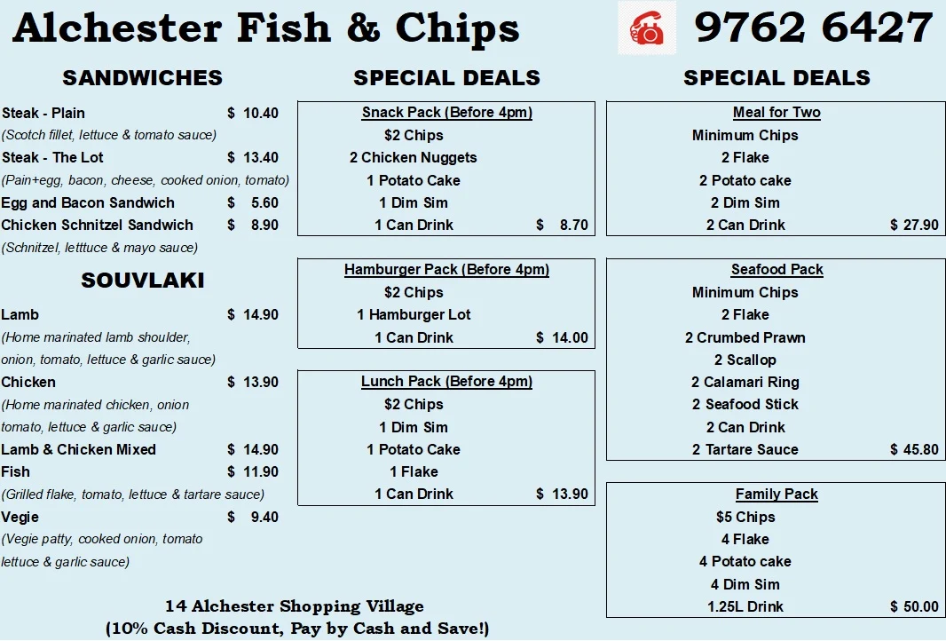 Menu, Alchester Fish & Chips