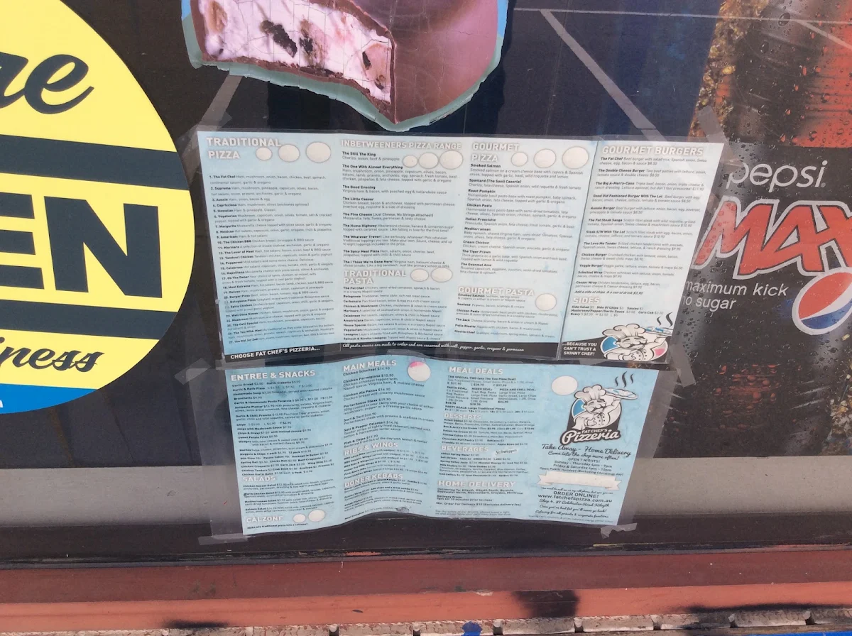 Menu, Fat Chef's Pizzeria