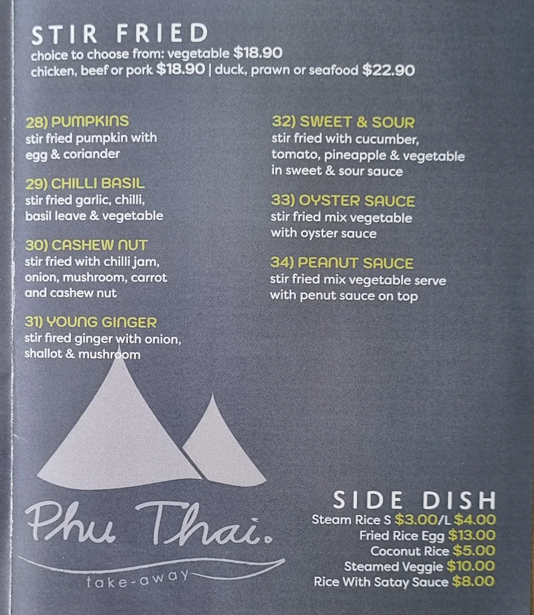 Menu, Phu Thai Restaurant (Helensburgh)