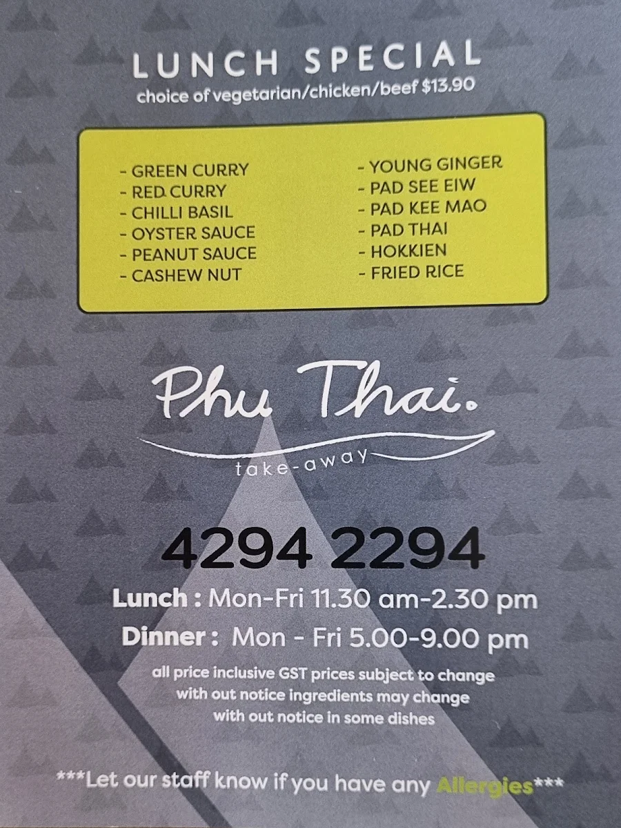 Menu, Phu Thai Restaurant (Helensburgh)