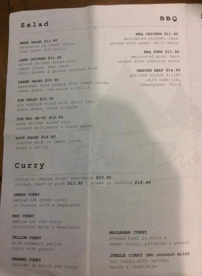 Menu, Phu Thai Restaurant (Helensburgh)