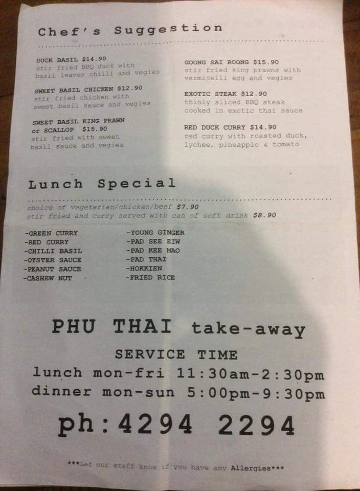 Menu, Phu Thai Restaurant (Helensburgh)
