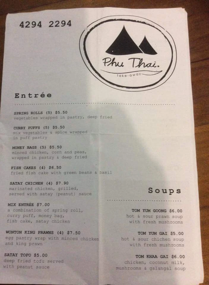 Menu, Phu Thai Restaurant (Helensburgh)
