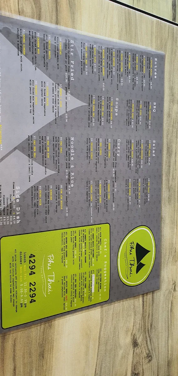 Menu, Phu Thai Restaurant (Helensburgh)