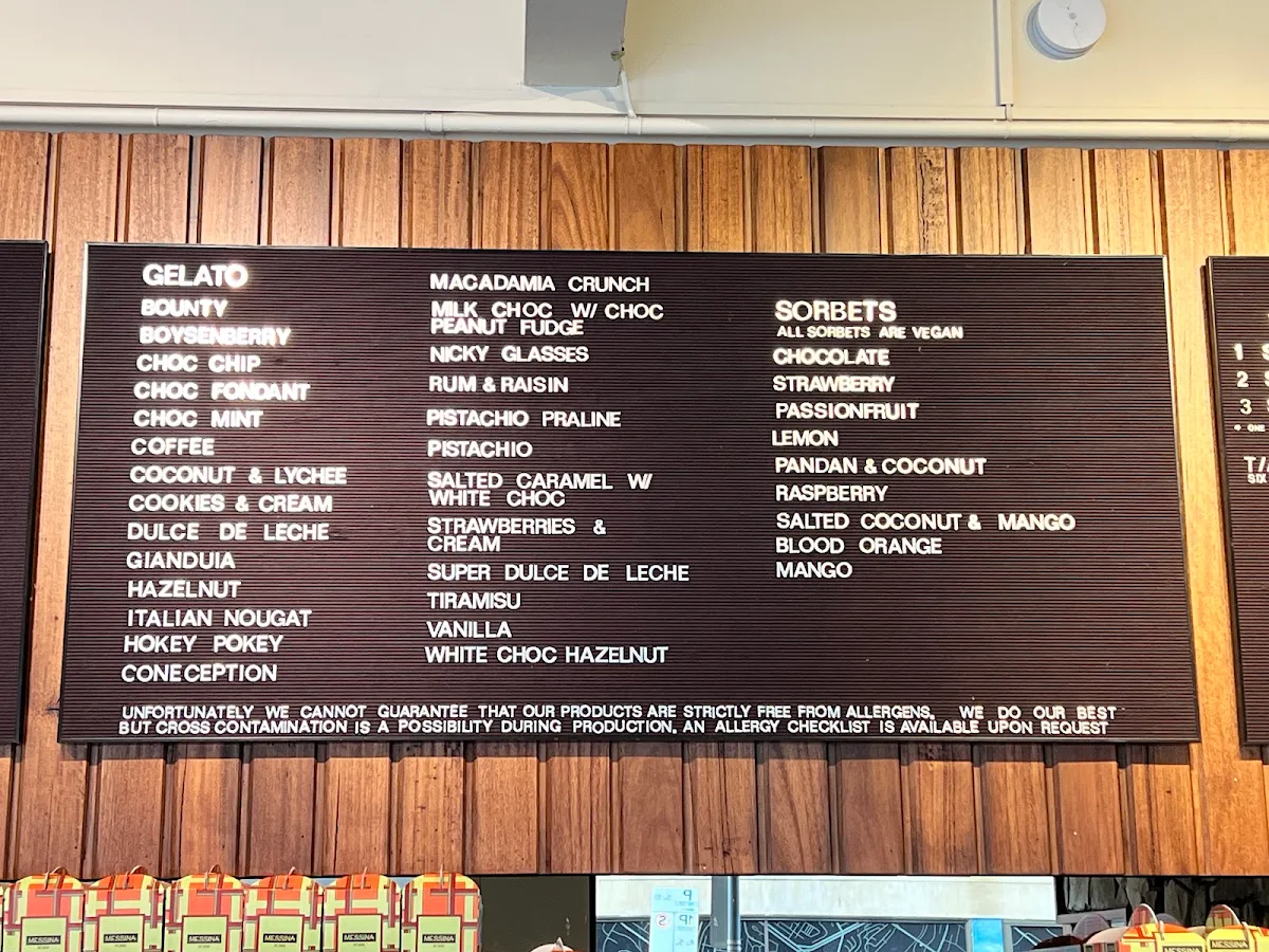Menu, Gelato Messina Richmond