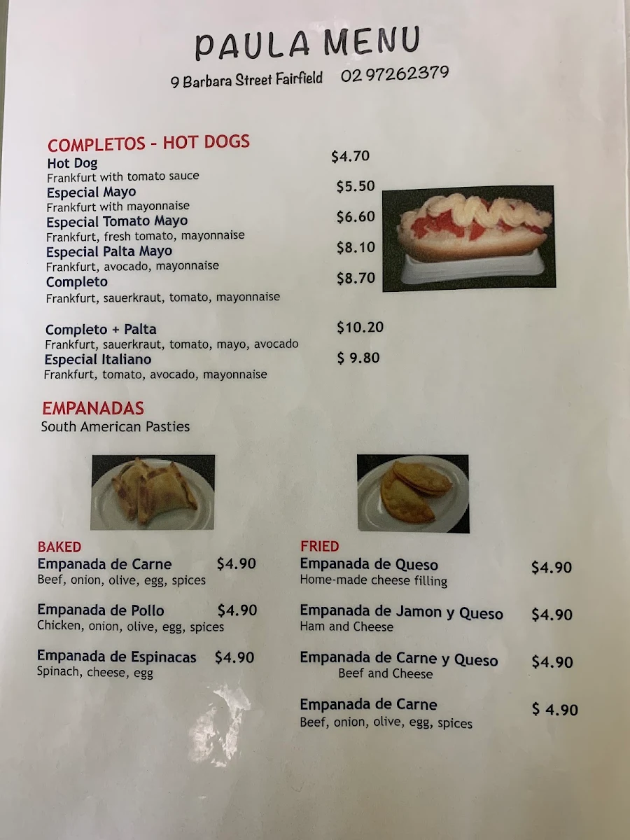 Menu, Paula Continental Cakes