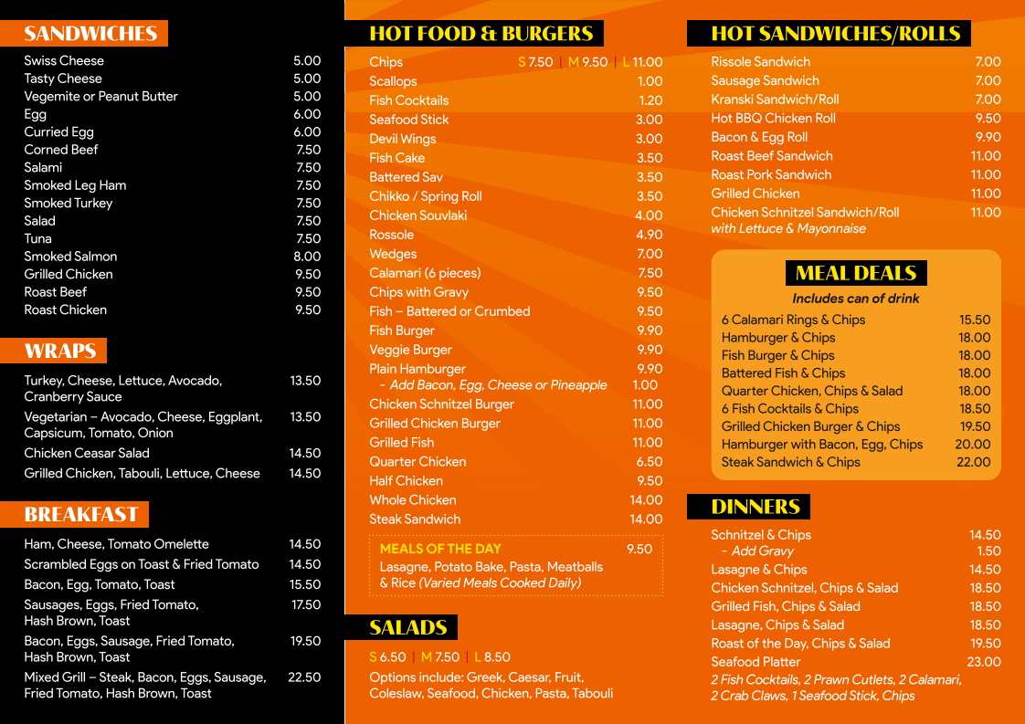 Menu, Valley Cafe