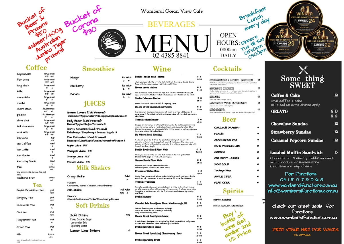 Menu, Wamberal Ocean View Cafe
