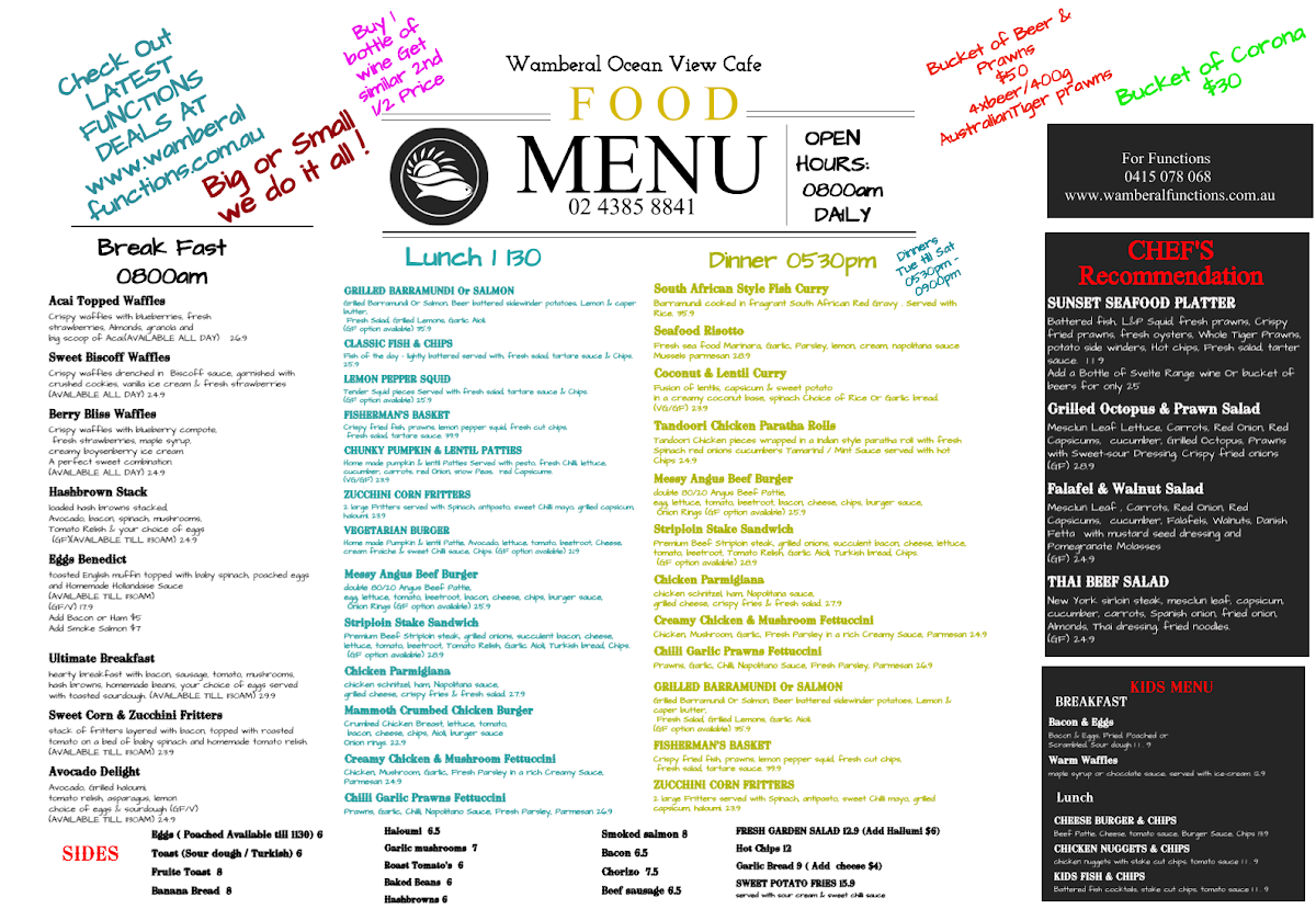 Menu, Wamberal Ocean View Cafe