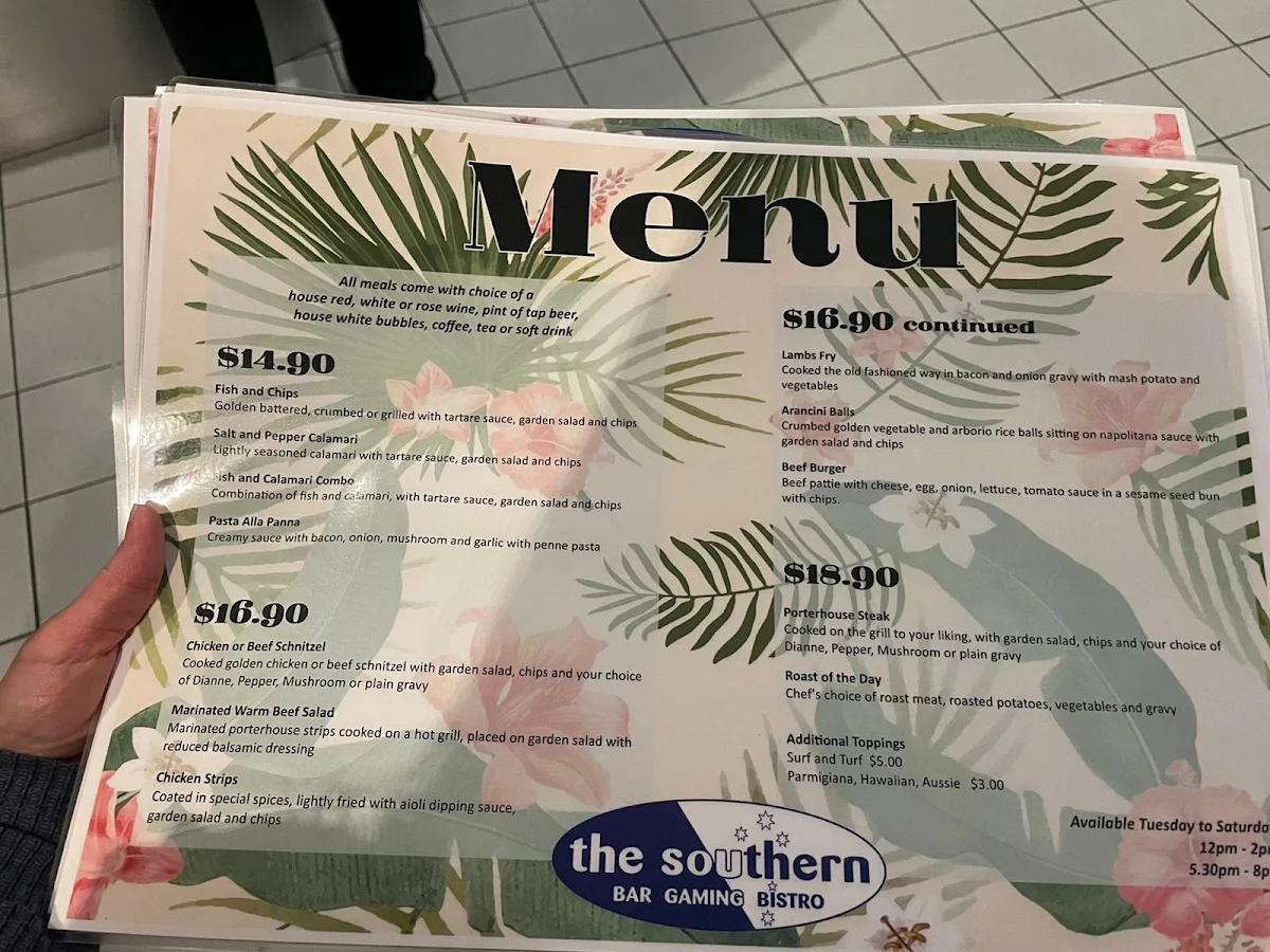 Menu, The Southern Bar Gaming Bistro