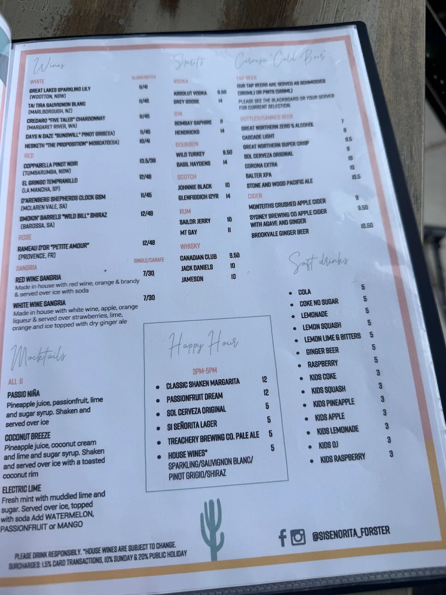 Menu, Si Señorita Forster