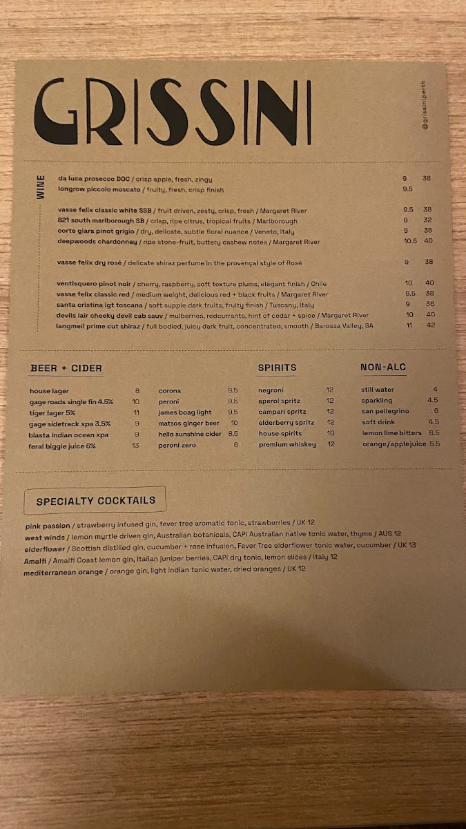 Menu, Grissini Greek Italian Restaurant