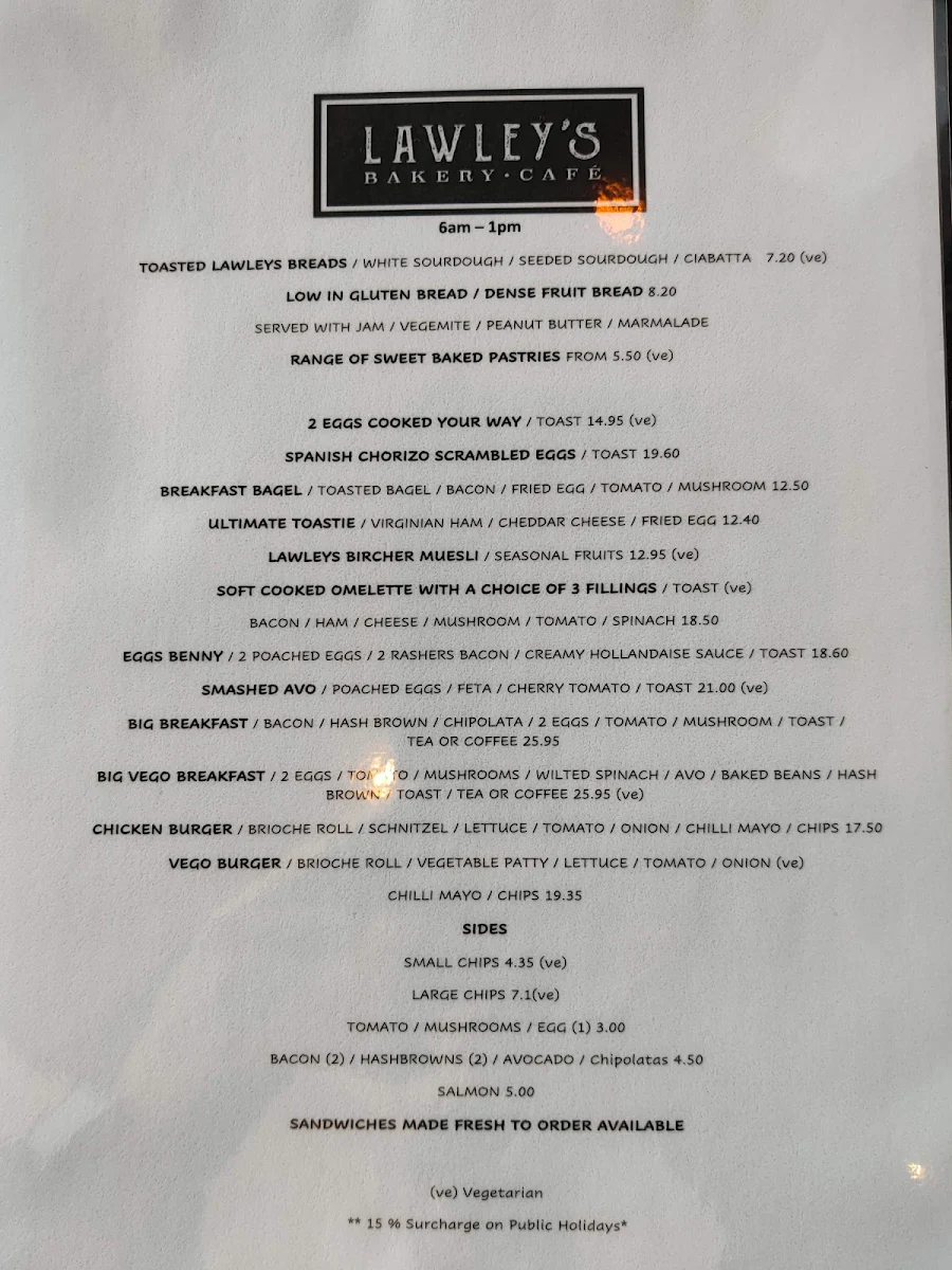 Menu, Lawley's Bakery Cafe
