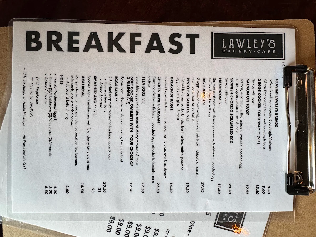 Menu, Lawley's Bakery Cafe