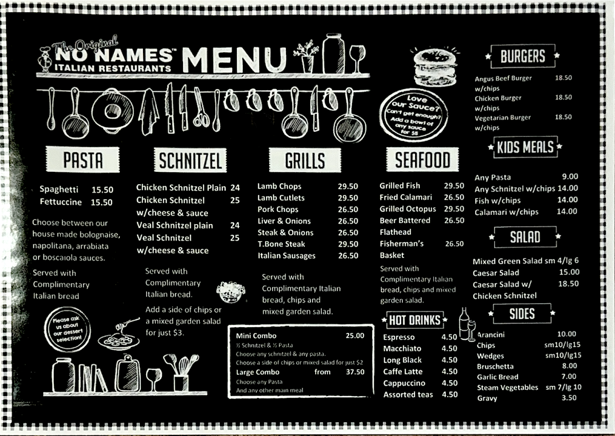 Menu, No Names Italian Restaurant