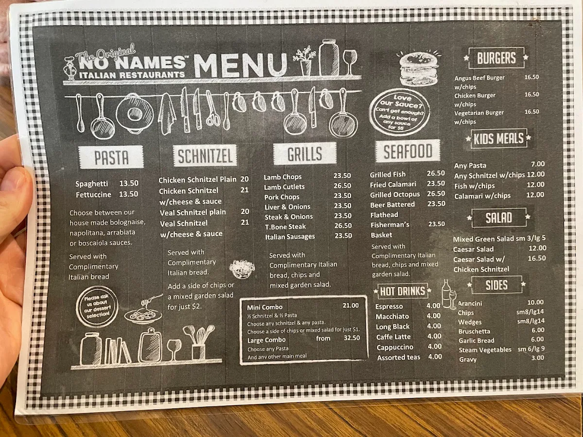 Menu, No Names Italian Restaurant