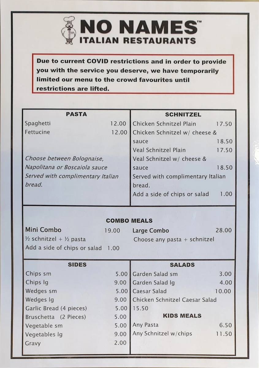 Menu, No Names Italian Restaurant
