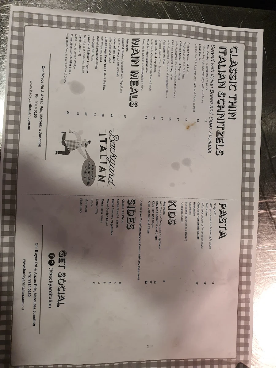Menu, No Names Italian Restaurant