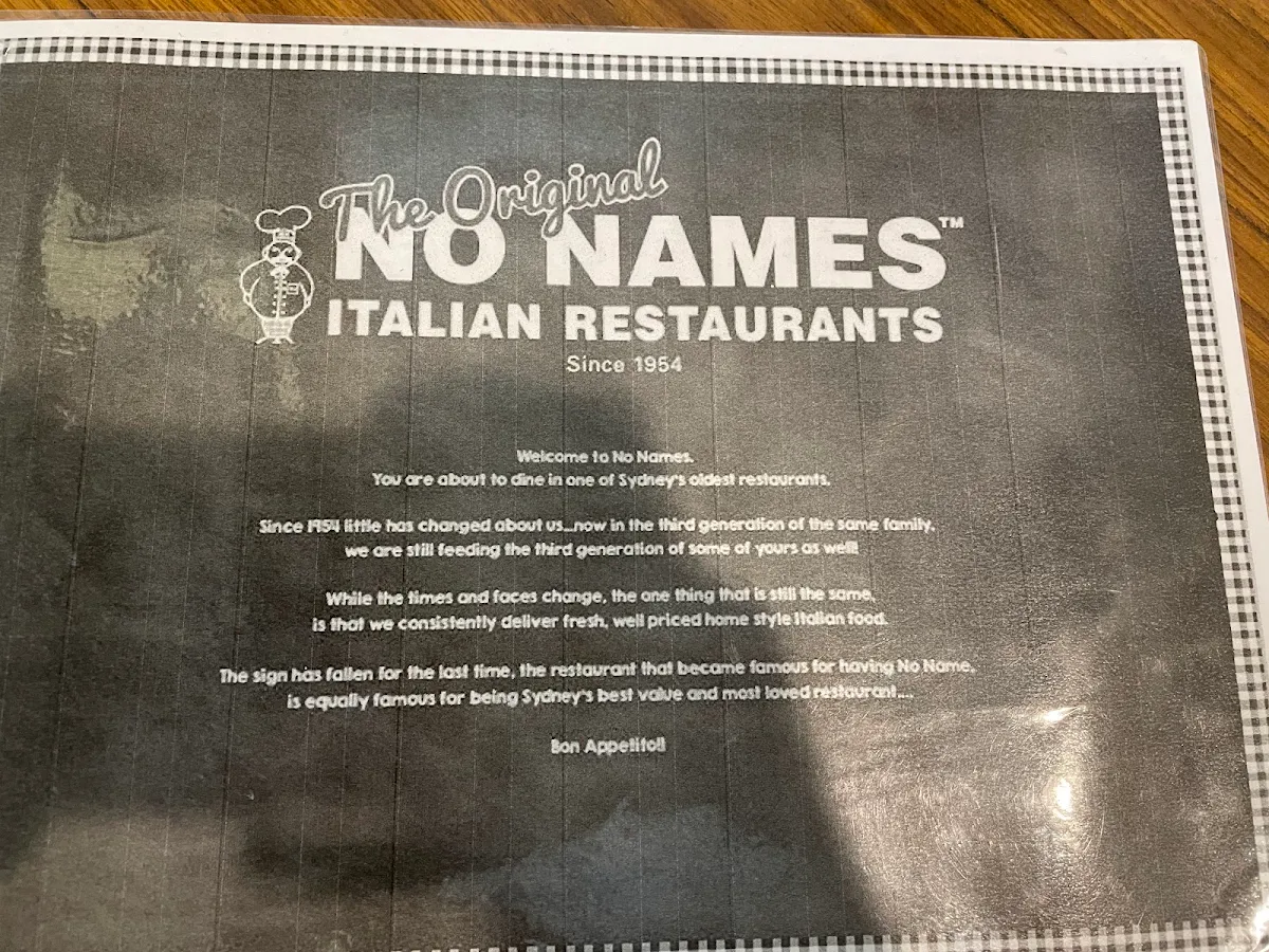 Menu, No Names Italian Restaurant