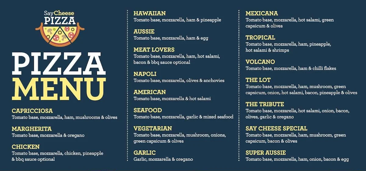 Menu, Say Cheese Pizza