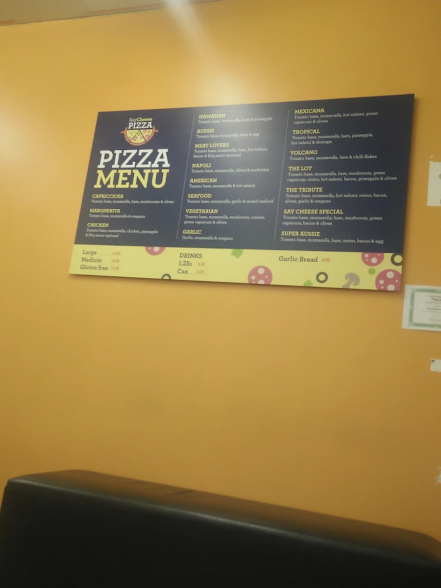 Menu, Say Cheese Pizza