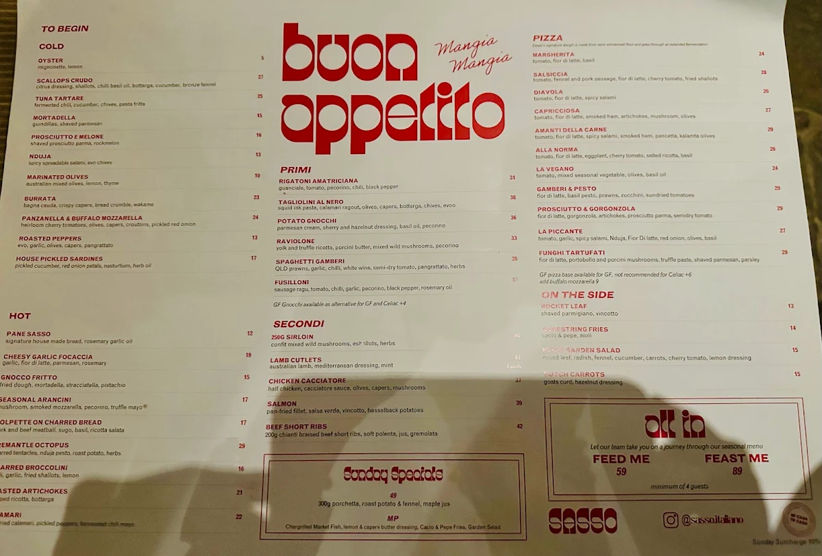 Menu, Sasso Italiano