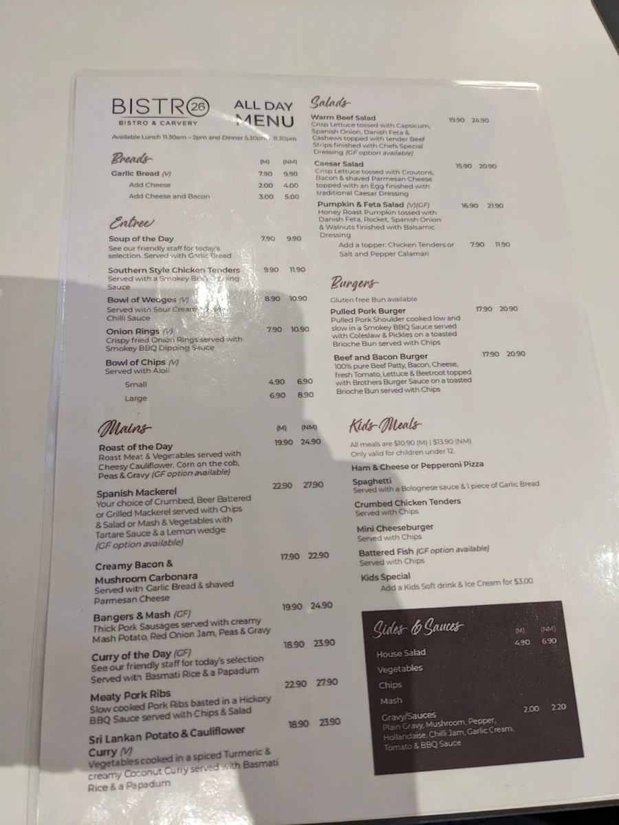 Menu, Brothers Leagues Club Cairns