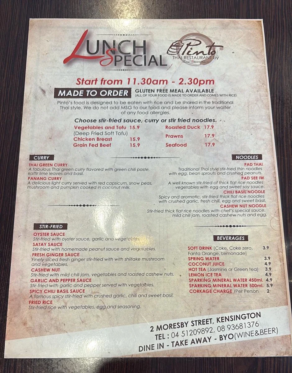 Menu, Pinto Thai Restaurant