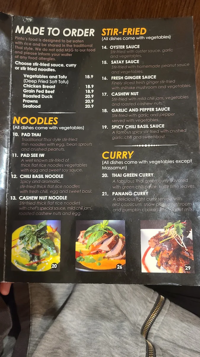 Menu, Pinto Thai Restaurant