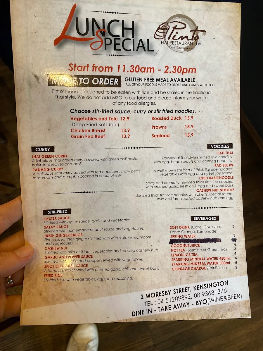 Menu, Pinto Thai Restaurant