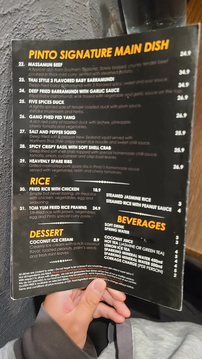 Menu, Pinto Thai Restaurant